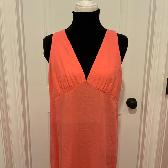 Old Navy Coral Pink V Neck Smocked Back Linen Blend Dress Large - Picture 4 of 12